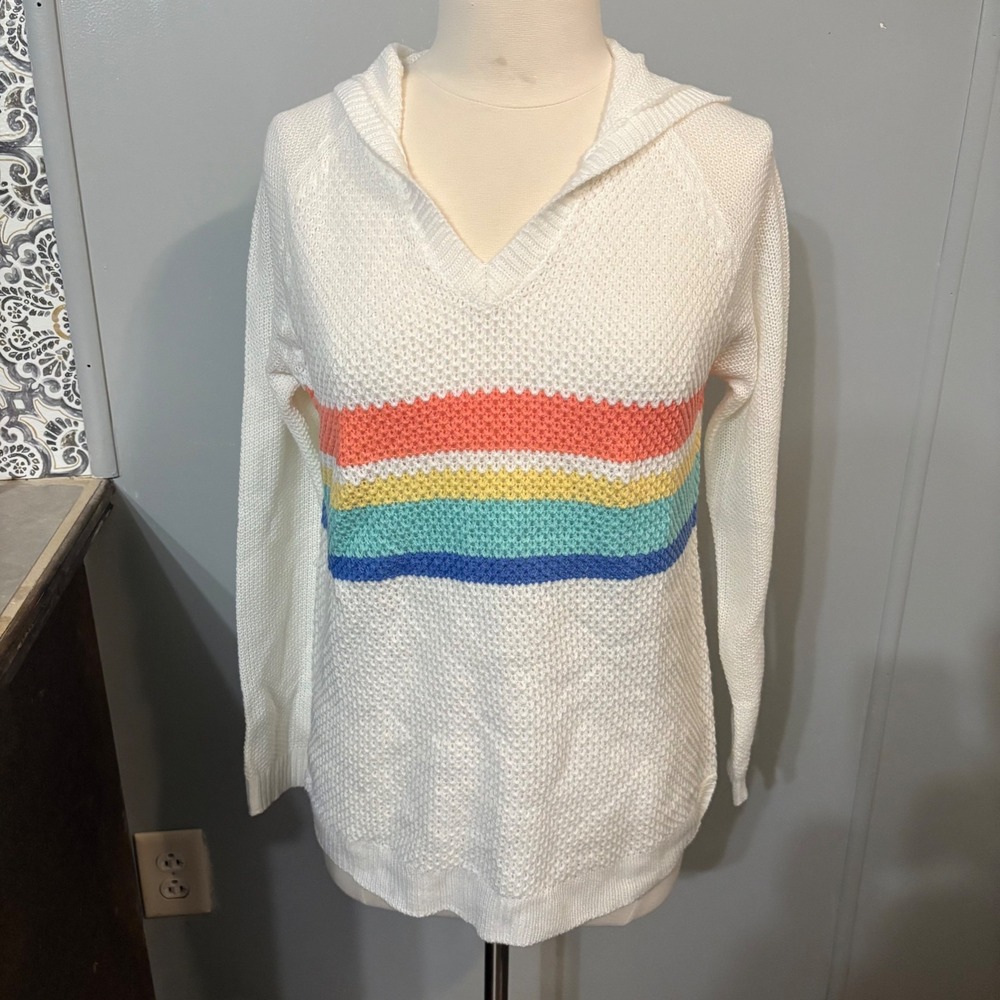 NWT‎ SO White Hooded Sweater Colorful Rainbow Striped Pullover (Junior Large)